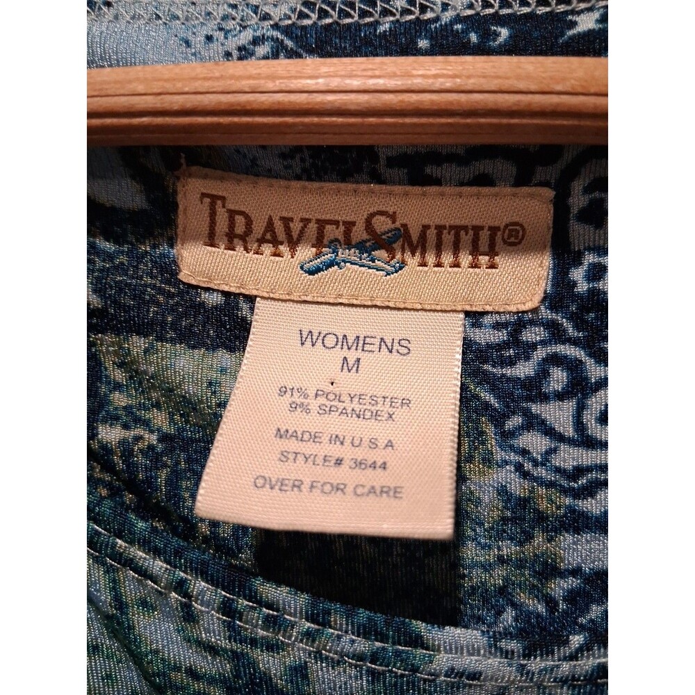 Travelsmith Blue Geometric Blue Floral Wrinkle Free Packable Blouse Size M - Picture 2 of 7